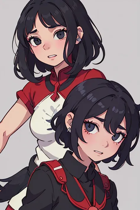 (Best Quality:0.8) perfect anime illustration, a pretty, Happy woman with short curly black hair in UA salon,  Wearing the UA uniform, wolf cut, one gray eye and one crimson, Vampire teeth, butterfly fringe, siren eyes, fleshy lips, two lip piercings, egyp...