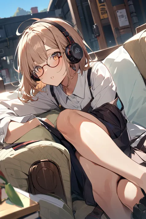 (extremely detailed fine touch:1.3), (((semi-rimless round eyewear:1.3))), (wear headphonesaround neck:1.0), short hair, blunt bangs, 1girl, 2.5d face, sitting on a sofa, oversized collared shirt, bare legs, extremely detailed living, morning, sunshine,