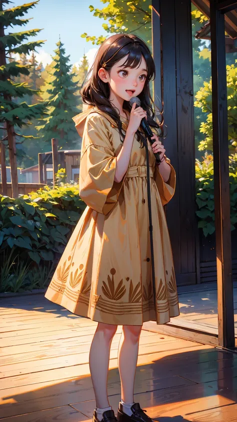 wooden dress cute girl, holding an audio mic and speaking into it with mouth wide open, "Announcement of Announcement" text board in front of it, wood style floor, outdoor  trees in the background. outdoor background, 