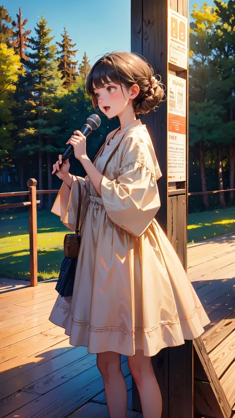 wooden dress cute girl, holding an audio mic and speaking into it with mouth wide open, "Announcement of Announcement" text board in front of it, wood style floor, outdoor trees in the background. outdoor background