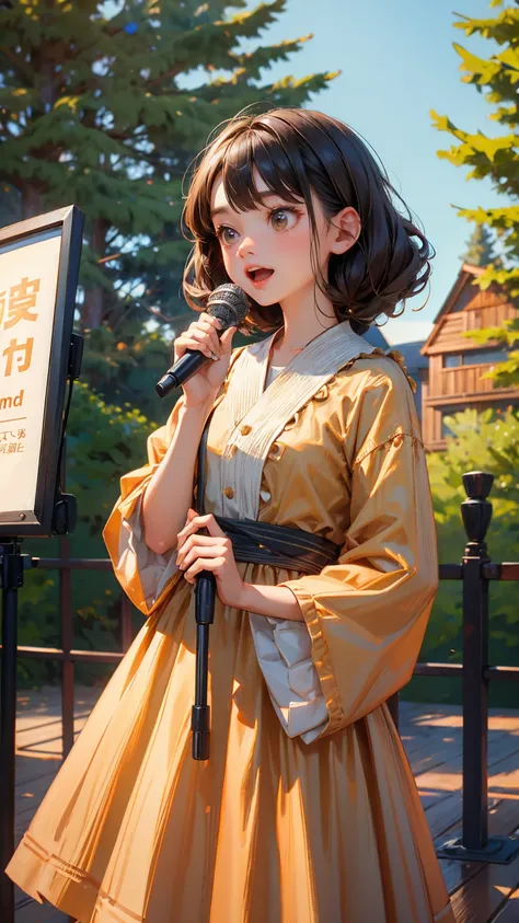 wooden dress cute girl, holding an audio mic and speaking into it with mouth wide open, "Announcement of Announcement" text board in front of it, wood style floor, outdoor trees in the background. outdoor background