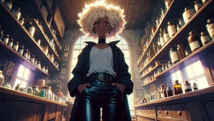 (Anime character style), (manga character style), (bd style), (Miyazaki design style) (ghibli color style) (Marvel style) Interior, by night, an ancient shop  with vials and ancient remedies. Face us an mixed race woman with blond afro, black jacket, white...