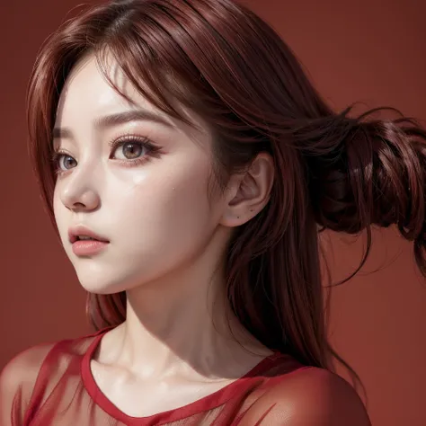 ((Top quality, masterpiece, 8K, best image quality, ultra-high resolution)),((TWICE tzuyu:2, Korean beauty:1.2)),(1 girl),(Long narrow eyes, slanted eyes:1.7),(Red hair:1.7, Long hair:1.2),(Small face, fair skin:1.2),(Profile:1.5),(Close-up)(Slender:1.5, B...