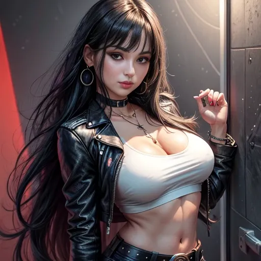 1 woman 30 years old, One, long straight black hair, bang,I look at the viewer, detailed eyes, shy smile,Jewelry, medium breast, earrings,belt, blue leather jacket over a tight red t-shirt,mini skirt,sheer white tights,NECKLACE, bracelet, lips,((Dynamic an...