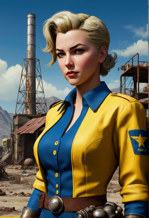 Fallout female character, with classic blue and yellow uniform suit, fiftyes poster of nuka-Cola pinup style, Post apocalyptic background 