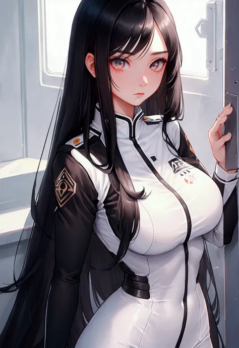 A girl with long black hair with white peekaboo highlights, white eyes, fair skin tone, slender and athletic built, uniform, detailed hair, detailed body, best quality, aesthetic, 8k