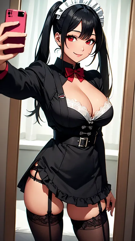 woman, maid, sexy body, curvy body, big breasts, cleavage, red eyes, long straight black hair, ((twintail hairstyle)), big hip, ((stockings, garter belts, maid uniform, maid outfit)), smiling, beautiful face, detailed face, very detailed, beautiful eyes, f...