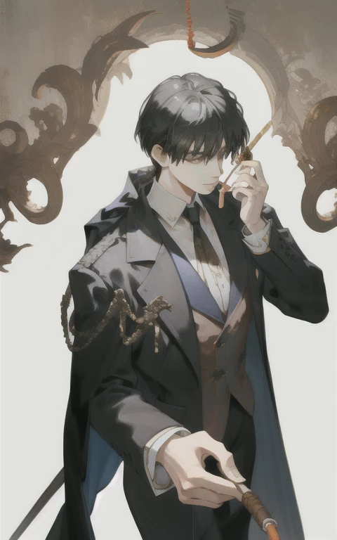 ultra detailed, depth, from above, solo boy, cowboy shot, black hair, wearing opera cloak, gentlemanly behavior, having Pipe tabaco in the front hand