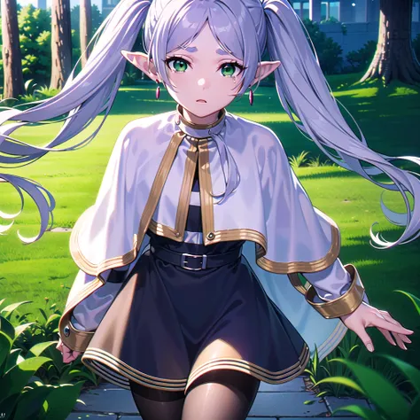 Freezing, Freezing, Long Hair, Twin tails, (Green Eyes:1.5), Grey Hair, Pointed Ears, Fairy,tears、
break shirt, Long sleeve, jewelry, pantyhose, Earrings, Striped, black pantyhose, Capelet, Striped shirt,
break outdoors, null, nature,
break looking at view...