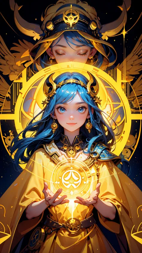 cute beautiful girl happy face,  a golden dress with symbols of magic and technology floating around her. The words on the bottom "Shill Shaman",