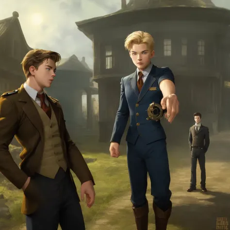 , best quality picture, handsome blonde teen boy harassed by an angered Captain Jack harkness teen boy, detailed town scenery, 