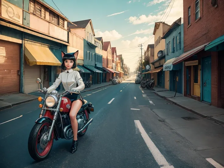 ８０A cat-eared girl riding a motorcycle through a 1960s-style town