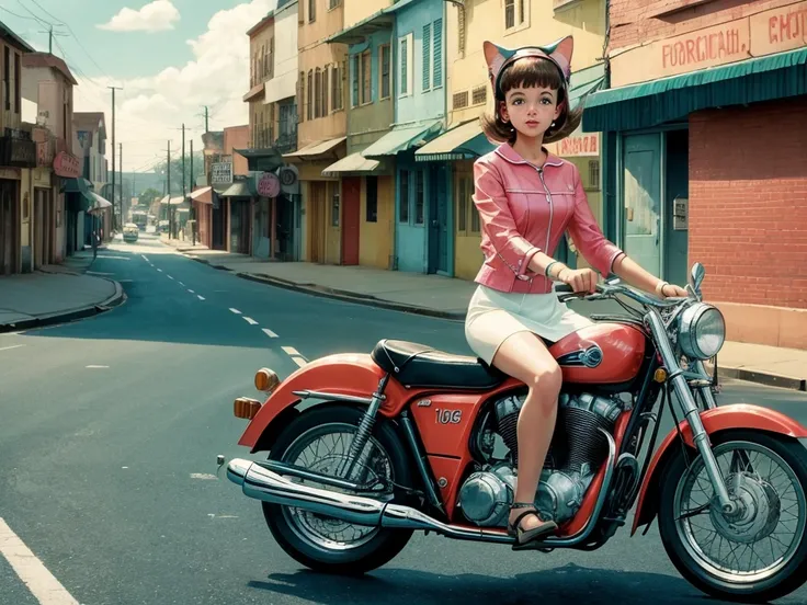 ８０A cat-eared girl riding a motorcycle through a 1960s-style town