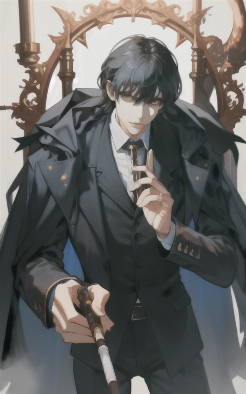 ultra detailed, depth, solo boy, cowboy shot, black hair, wearing opera cloak, gentlemanly behavior, vaping Pipe tabaco, 50 years old, a gentleman, 4k