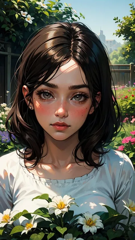 realistic, 1 girl, dark hair, dark brown eyes, Bright eyes, Chapped lips, Blush, cute, garden, day, flower.  