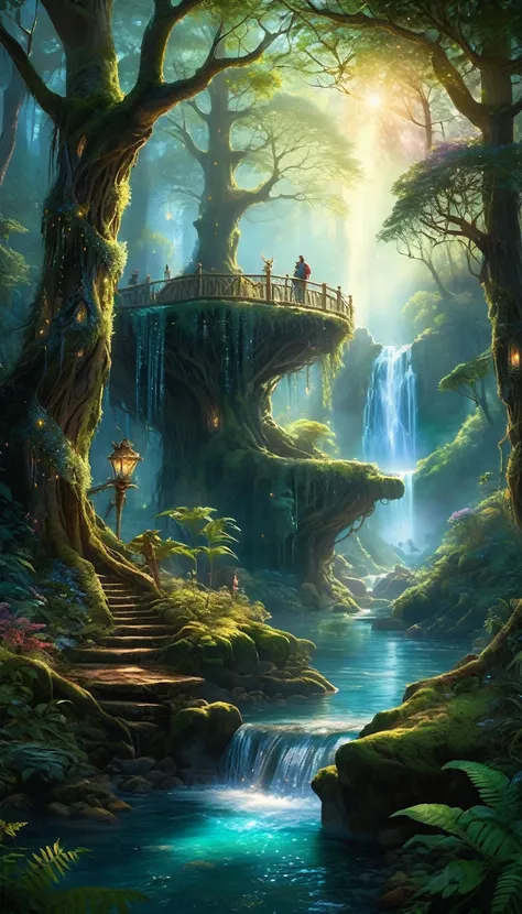 enchanted forest at twilight, ethereal light filtering through ancient towering trees, vividly detailed lush undergrowth, mystical creatures lurking in the shadows, sparkling fairy lights weaving through the foliage, a crystal-clear stream with water so pu...