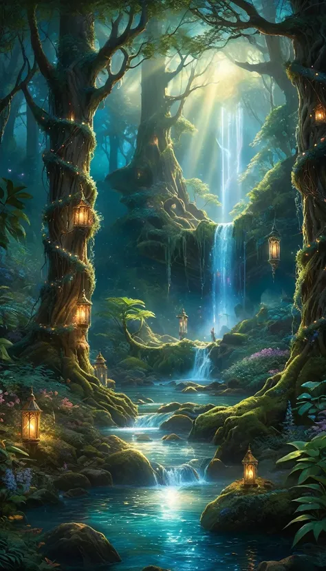 enchanted forest at twilight, ethereal light filtering through ancient towering trees, vividly detailed lush undergrowth, mystical creatures lurking in the shadows, sparkling fairy lights weaving through the foliage, a crystal-clear stream with water so pu...