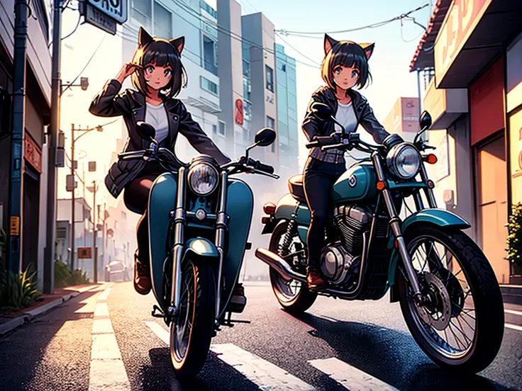 ８０A cat-eared girl riding a motorcycle through a 1960s-style town