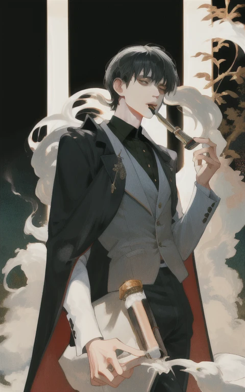 ultra detailed, depth, solo boy, cowboy shot, black hair, wearing opera cloak, gentlemanly behavior, vaping Pipe tabaco, 50 years old, a gentleman, 4k, 1800s, Meiji era