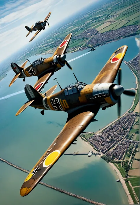 8k Quality, High Definition Realistic, World War II, German Air Force Junkers Stuka dive bomber, dive bombing British soldiers during the Battle of Dunkirk, France. The camera is from the British soldiers point of view, looking up from below.