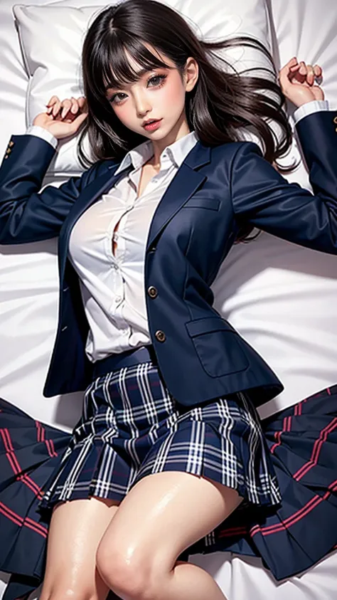 high school girl、uniform 、navy jacket、checkered pleated skirt、white shirt、lace panties、bedroom、((lying on one&#39;s back on the ...