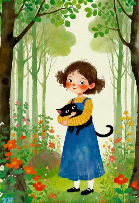 illustration of a girl holding a cat in the forest, Storybook illustrations inspired by Elsa Beskow, Winner of the Behance competition, Childish Art, 丰富多彩的Children&#39;s Book Illustrations, children illustration, Cute storybook illustrations, Children&#39;...