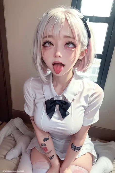 high quality, detailed,nurse girl,(very wet white nurse uniform,very wet uniform,skirt),(torn clothes:1.3),a mole under the eye,(bob hair,bob hair),(tounge out,lots of saliva),(blushing:1.4),smile,absurdres,orgasm,ecstasy,(wearing white overknee socks),(to...