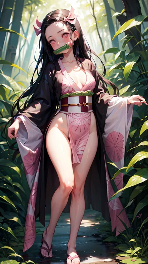 masterpiece, (pink kimono), seductive face, good lighting, décolleté, fine details, masterpiece, glowing eyes, 1girl, black hair, gag, bamboo, Nezuko Kamado, showing juicy ass, half naked. Full body, wallpaper, in the forest.