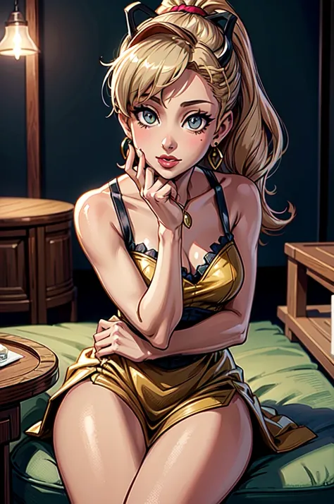 (anime, solo:1.3); a portrait of a 30y short woman (Ariana Grande:1.1), very beautiful, small breasts, thick lips, red lips, very tanned skin; eyes {bright green eyes, seductive eyes}; hair {long hair, ((dark blonde hair)), long ponytail}; sexy provocative...