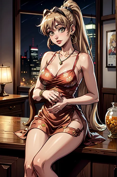 (anime, solo:1.3); a portrait of a 30y short woman (Ariana Grande:1.1), very beautiful, small breasts, thick lips, red lips, very tanned skin; eyes {bright green eyes, seductive eyes}; hair {long hair, ((dark blonde hair)), long ponytail}; sexy provocative...