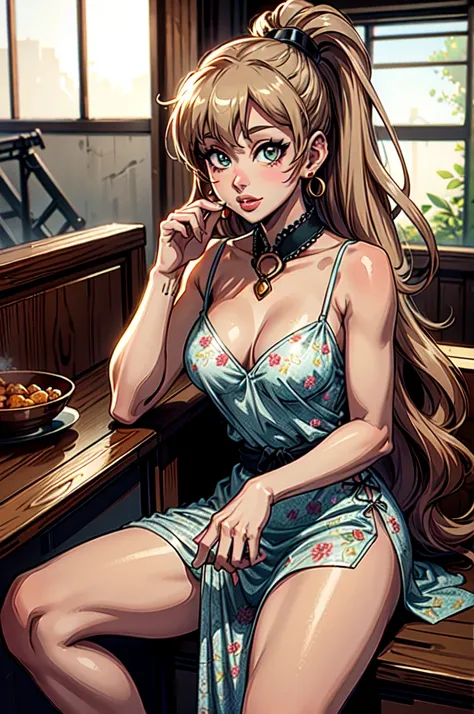 (anime, solo:1.3); a portrait of a 30y short woman (Ariana Grande:1.1), very beautiful, small breasts, thick lips, red lips, very tanned skin; eyes {bright green eyes, seductive eyes}; hair {long hair, ((dark blonde hair)), long ponytail}; sexy provocative...