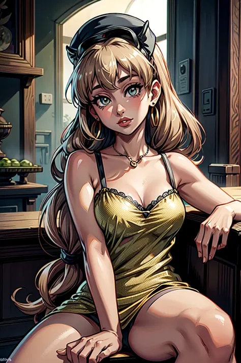 (anime, solo:1.3); a portrait of a 30y short woman (Ariana Grande:1.1), very beautiful, small breasts, thick lips, red lips, very tanned skin; eyes {bright green eyes, seductive eyes}; hair {long hair, ((dark blonde hair)), long ponytail}; sexy provocative...