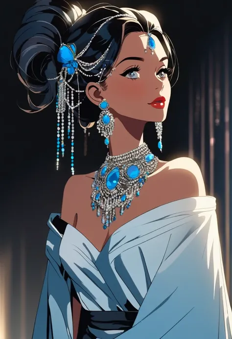 The image depicts a person with an elaborate hairstyle featuring a combination of black and bright blue colors, styled in an elegant updo adorned with decorative hair accessories. The individual is wearing a white dress with thin straps and a high neck cho...