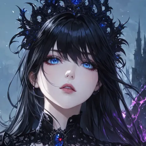 masterpiece, best quality, good quality, fantasy Aesthetic, Highly detailed, shadowverse style, female, long hair, dark black hair, gothic, sorcerer, blue eyes