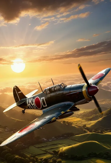 Super realistic, ultra high definition, World War II, Imperial Japanese Navy fighter "Shiden Kai", flying into the sunset, twisting and turning, over the Japanese countryside.