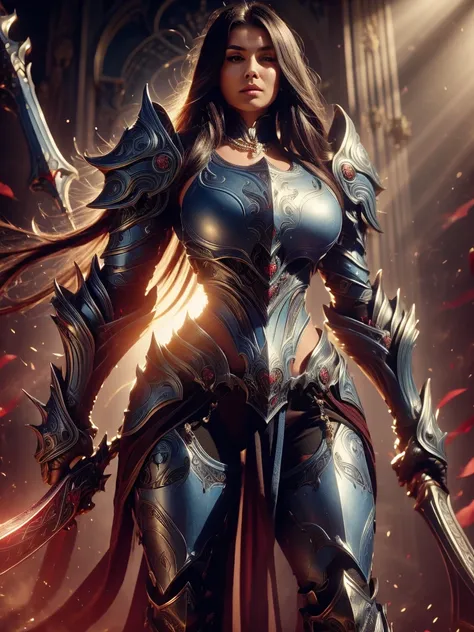 Facing me, a woman of approximately 25 years old with long hair and a necklace around her neck, sexy open neckline, big hard breasts, iron home style armor blue armor armor, tummy, legs aligned standing