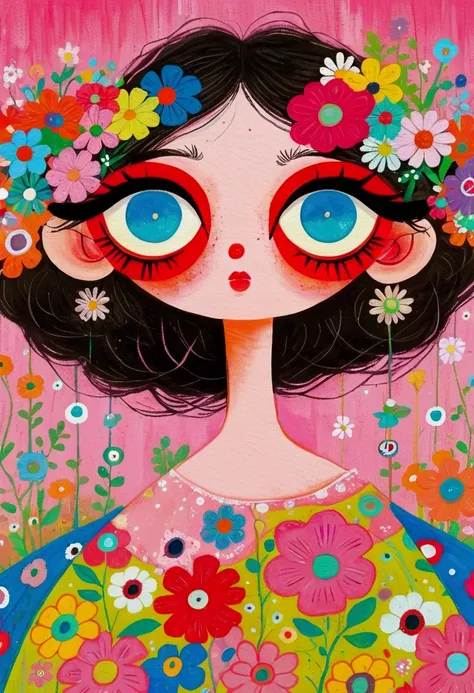 (((Pastel Painting，Oil stick painting，Thick coating，Texture)))：There is a person in the painting wearing a flowery dress、A woman with flowers in her eyes, big Pink Eyes, Inspired by Takashi Murakami, Inspired by Takashi Murakami, Inspired by Haruki Murakam...