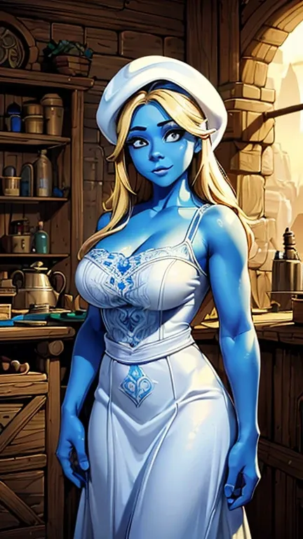 (1girl, smurfette, hat, white dress, colored skin, blue skin, blonde), (extremely detailed cg unit 8k wallpaper),(master part), ...