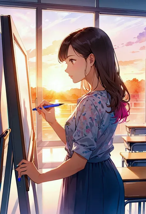 A stunning watercolor painting of an attractive female teacher wearing a casual dress, standing beside a whiteboard. She is writing on the board with a colorful marker, illuminated by warm light from a nearby window. The sunset casts a beautiful golden glo...