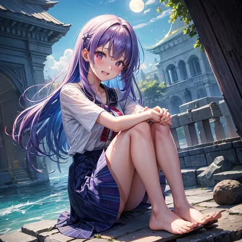 Blue-light purple hair、Red eyes、One cute girl、solo、And soul、Light clothing、Checked mini skirt、petal、Wet hair、Sit on、black t-shirts、Has a button、large tree、cloud、Red full moon、desert、barefoot、Stones are piled up、Teeth are visible、Secret Treasure、Wooden chai...