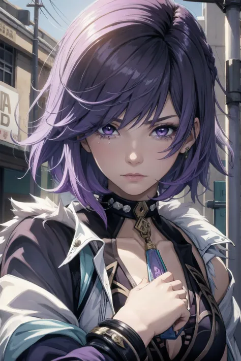 1girl, purple hair, short hair, purple eyes, young 20 years, torn clothes, sad, crying, male, dynamic pose, solo