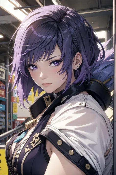 1girl, purple hair, short hair, purple eyes, young 20 years, torn clothes, sad, crying, male, dynamic pose, solo