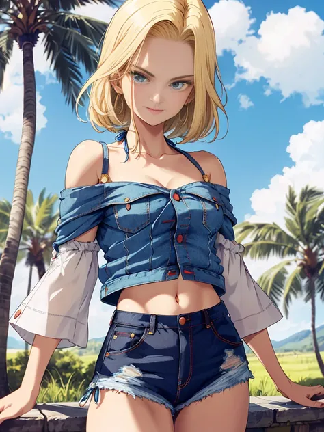 tmasterpiece， best qualtiy， ultra - detailed， absurderes， Portrait Beautiful Android 18db， solo， 耳Nipple Ring， (The bikini:1.5)，Underdressing，jewely， (Off-the-shoulder clothing:1.5)，cleavage， upper body closeup，ssmile， Thongs， vests， cloud， Skysky， daysies...