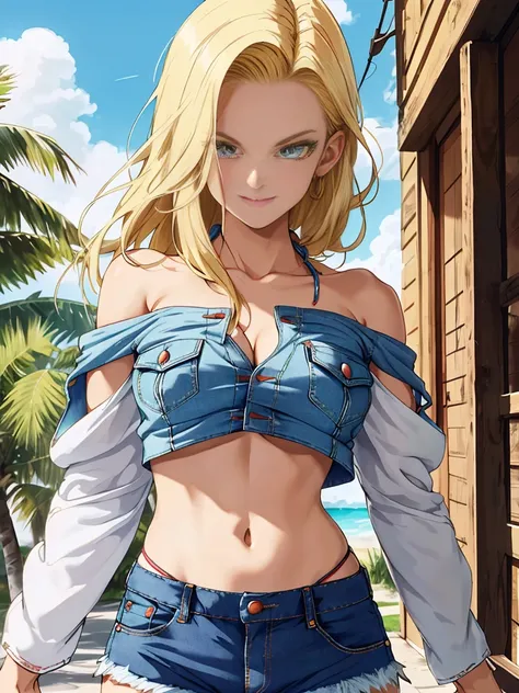 tmasterpiece， best qualtiy， ultra - detailed， absurderes， Portrait Beautiful Android 18db， solo， 耳Nipple Ring， (The bikini:1.5)，Underdressing，jewely， (Off-the-shoulder clothing:1.5)，cleavage， upper body closeup，ssmile， Thongs， vests， cloud， Skysky， daysies...