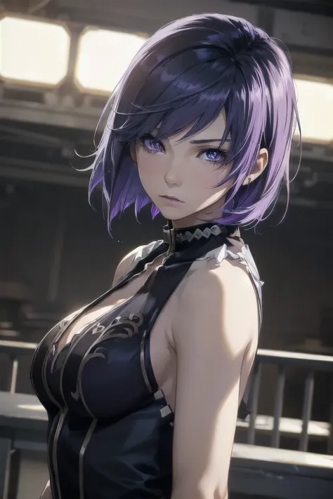 1girl, purple hair, short hair, purple eyes, young 20 years, torn clothes, sad, crying, female focus, dynamic pose, solo, highly...