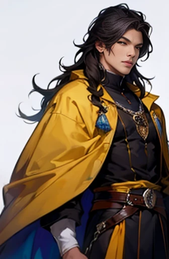 good looking ,roleplaying、small eyes、long hair、fantasy style clothing、yellow clothes、yellow cape、black hair、yellow bandana on he...