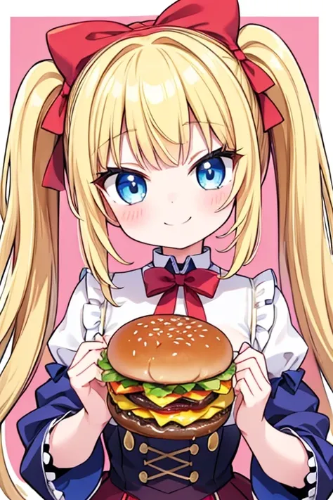 嬉しそうなsmile,Eat a multi-layered hamburger,,Cola,Highest quality,Blonde with blue eyes、Lolita、Small breasts、Twin tails、girl&#39;enjoy,smile,bonnet,