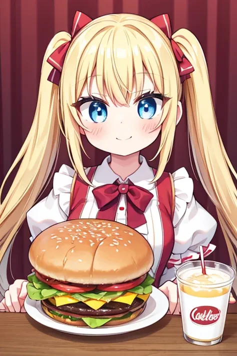 嬉しそうなsmile,eat a layered hamburger steak,big hamburg,cola,highest quality,blonde with blue eyes、lolita、small breasts、twin tails、...