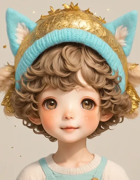 (masterpiece, best quality:1.2), 1 boy, with dog hat, Solitary, hairy，Wool Curls，Gold Theme, longeyelashes, solid circle eyes, light smile, ccurate, eye reflection, aqua eyes, blush, laughing, brown hair, dog ears, short hair, Surrealism, drop shadow, ster...