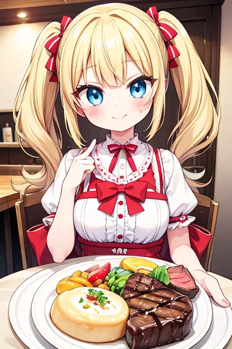 嬉しそうなsmile,eat a multi-layered steak,big steak,cola,highest quality,blonde with blue eyes、lolita、small breasts、twin tails、girl&#...